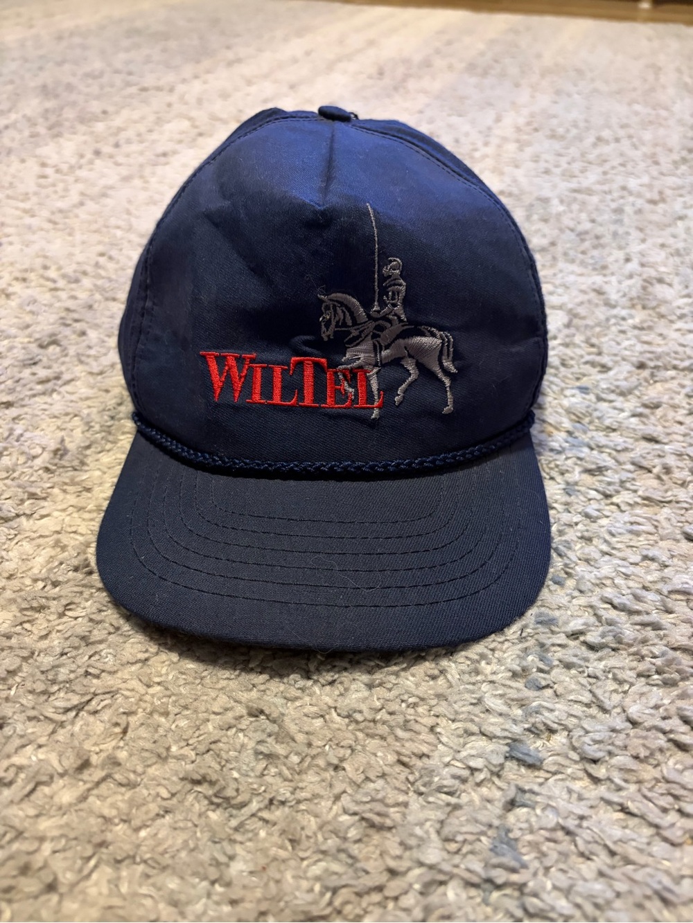 Vintage WilTel Hat Navy Blue Rope Strapback Leather Made in USA Knight Cap 80s